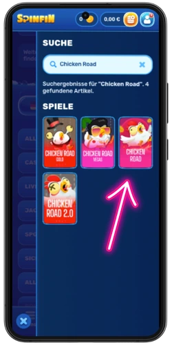 Chicken Road in der Spinfin Casino-App suchen und starten – Suchergebnisse zeigen das Spiel