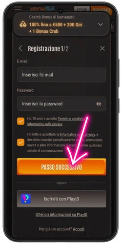 Creazione account sul casinò – modulo di registrazione con email, password e Termini e Condizioni