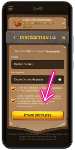 Création d'un compte sur Lizaro – formulaire d'inscription avec e-mail et mot de passe