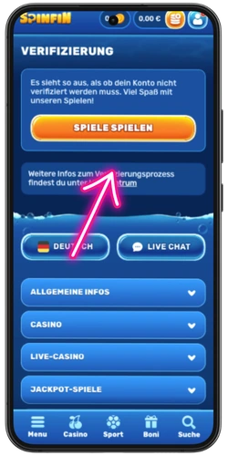 Identitätsverifizierung in der Spinfin Casino-App – Verifizierungsbildschirm mit Spielen-Button