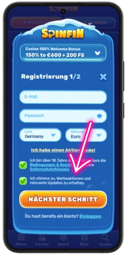 Konto im Spinfin Casino erstellen – Registrierungsformular mit E-Mail, Passwort und AGB