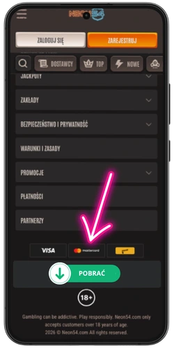 Pobieranie aplikacji kasynowej Neon54 na Android – przycisk Pobierz na oficjalnej stronie kasyna