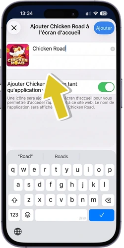 Chicken Road iOS - sélectionner Ajouter à l'écran d'accueil dans le menu partage de Safari