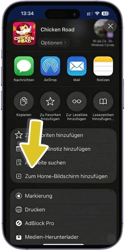 Chicken Road iOS – Safari-Teilen-Button im unteren Menü auf dem iPhone antippen