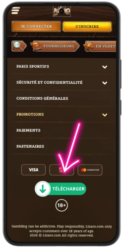 Téléchargement de l'application Lizaro sur Android – bouton Télécharger sur le site officiel