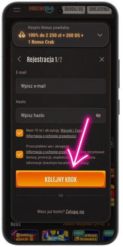 Tworzenie konta w kasynie Neon54 – formularz rejestracyjny z e-mailem, hasłem i akceptacją Regulaminu