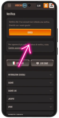 Schermata di verifica identità sul casinò mobile – pulsante Gioca dopo KYC completato