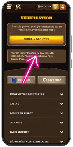 Vérification d'identité sur Lizaro – écran de confirmation avec bouton Jouer à des jeux