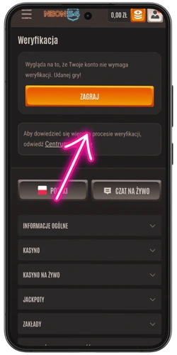 Weryfikacja tożsamości w kasynie Neon54 – ekran potwierdzający pomyślne przejście procesu KYC